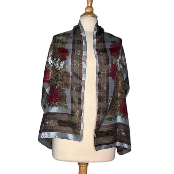 Floral Romantic Silky Scarf Made in Italy Lightweight Girly Rose S14 - Picture 3 of 10